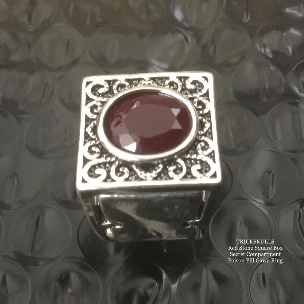 Red Stone Square Box Secret Compartment Poison Pill Gawu Ring 6 7 8 9 10 11 12 + - Picture 4 of 8